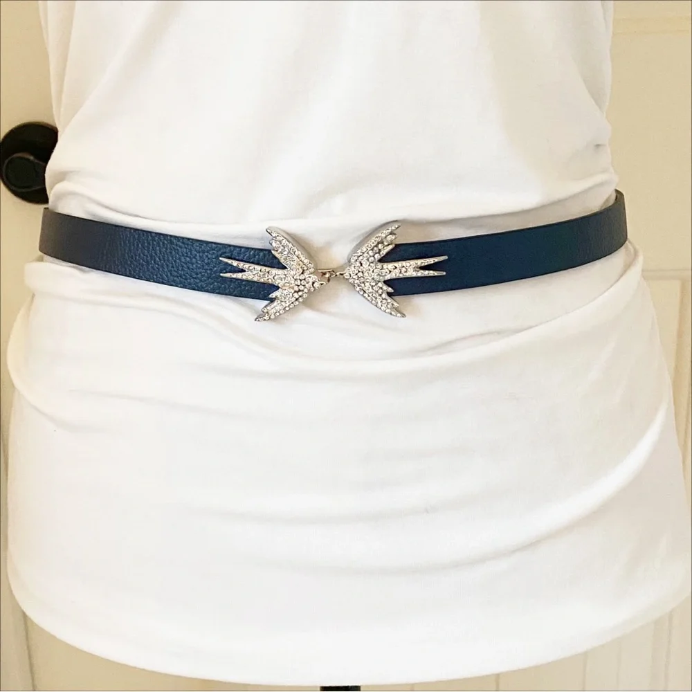 Kate Spade Belt Dark Blue Kissing Birds Leather Size M/L With Gift Box
